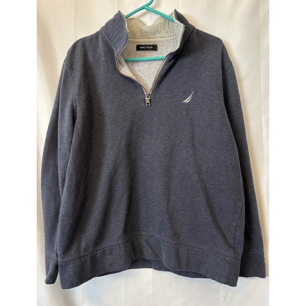 Nautica Mens Sweater L Blue 1/4 Zip Long Sleeve Mock Neck Solid Logo Pullover